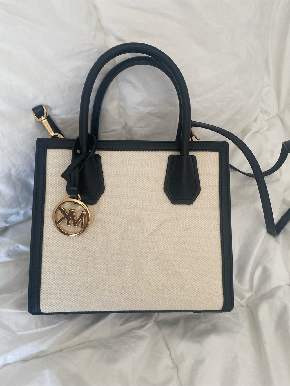 Michael Kors Cream Canvas Crossbody with Black Trim & Gold MK Charm